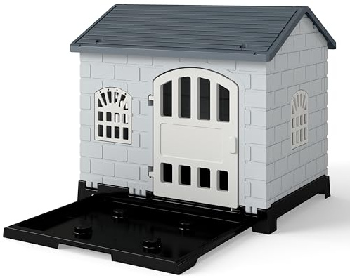COSTWAY Cuccia per Cani Impermeabile con Vassoio Toilette, Grigio | Cassetta Impermeabile e Ventilata con Vassoio Toilette Rimovibile, Porta Bloccabile, 3 Finestre e Tetto a Pendenza