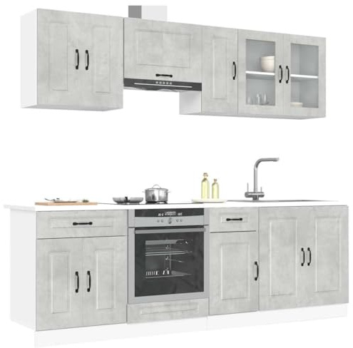 HUAKEHOM 8-TLG. Küchenschrank-Set Küchenzeile Einbauküche Schrank-Set Unterschrank Küchenschrank Hängeschrank Moderner Schrank Wandregal Betongrau Holzwerkstoff