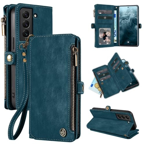 LBH Handy Hülle für Samsung Galaxy S21 FE Klapphülle RFID Schutz Wallet Geldbeutel Geldbörse Cover Case Flipcase Kartenfächer Geldfach Münzfach Petrol