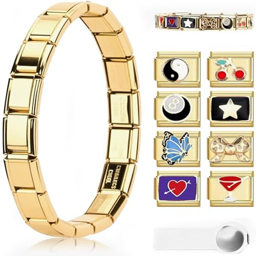 SCBOY 10 Pièces Bracelet italien Doré Modules Amovibles DIY pour Charm Bracelets de 9 mm Ensemble Avec Outil D'ouverture et Bracelet