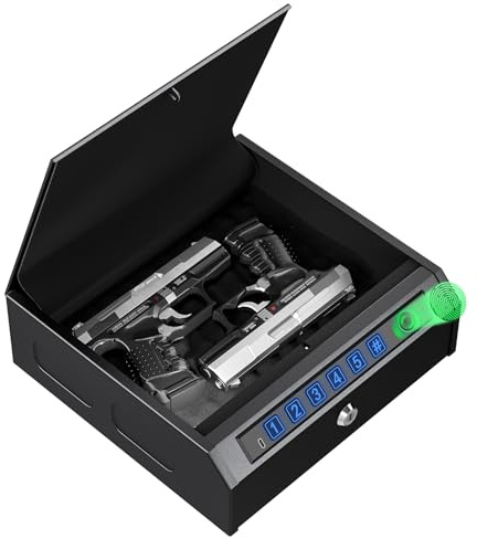 WASJOYE Pistolentresor Waffenschrank mit Biometrie, 3-in-1-Entsperrung per Fingerabdruck, PIN und Schlüssel mit LED-Beleuchtung, Tragbarer Pistolenkoffer aus Legiertem Stahl für Zuhause und Auto