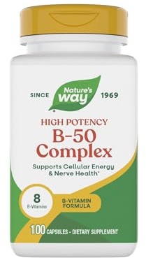 Nature's Way B-50 Complex, Supports Cellular Energy & Nerve Health*, 8 B-Vitamins, With Folic Acid, Biotin, Niacin & More, Gluten Free, 100 Capsules (Packaging May Vary)