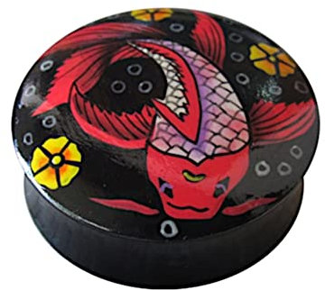 CHICNET Holz Plug Fisch Koi Asia rot schwarz FleshTunnel Unisex Ohrschmuck Teakholz Ohr Lobe Piercing handbemalt Expander 22mm