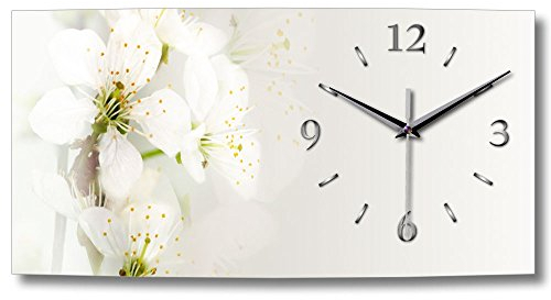 Kreative Feder Designer-Wanduhr Weiße Blüte Natur leise Funk-Wanduhr Funkuhr in modernem Design ohne Ticken (Weiße Blüte, 50x25cm leises Funkuhrwerk)