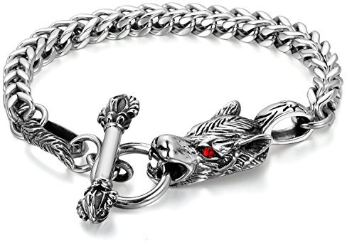 Flongo Edelstahl Armband Link Silber Schwarz Rot Wolf Kopf Retro Gotik Herren