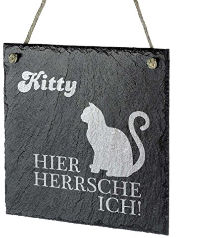polar-effekt Aufhängeschild Schiefertafel Personalisiert mit Gravur für Katzenliebhaber - Namensschild Türschild 20x20cm - Geschenk für Katzen - Motiv Hier herrsche ich!