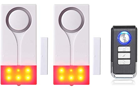 Mengshen Alarma de Puertas y Ventanas - Inalámbrica Con 105db Sonido Fuerte y Luz Brillante, Fácil De Instalar (Incluye 2 Unidades y 1 Control Remoto)