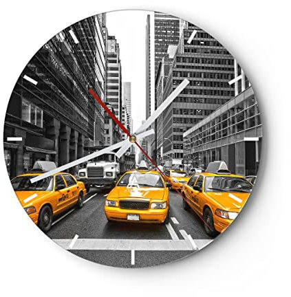 Modern Wanduhr Taxi Stadt Straße Transport 30x30cm Rund Klein Wand Uhr Glas Analog Zimmeruhren Küche Büro Wohnzimmer Glasuhr Wall Clock Dekoration Design Wanddekoration Küchenuhr C3AR30x30-2695