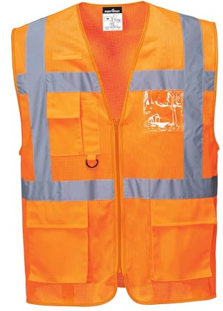 Portwest C376 Athens Hi-Vis Mesh Executive Vest Radio Loop Machine Washable | Orange, X Small, EN ISO 20471 Class 2, CE Certified, RIS 3279-TOM, Classic Fit, Phone and Pen Holder Pocket, Dual ID Holder