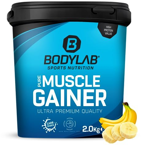 Bodylab24 Pure Muscle Gainer Banane 2000g, 33g de glucides naturels, 40g de protéines et 12g de lipides pour 100g, enrichi en créatine monohydrate, shake parfait pour la prise de masse