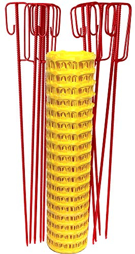 UvV Set Fangzaun gelb je 50 m + 10 rote Absperrleinenhalter, Absperrnetz, Maschenzaun, Bauzaun Rolle Kunststoff Extra Reissfest, 150 gr (Gelb-Rot)