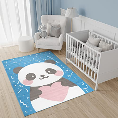 TAPISO Jolly Teppich Kurzflor Kinderzimmer Schlafzimmer Spielmatte Blau Grau Rosa Panda Design 140 x 200 cm