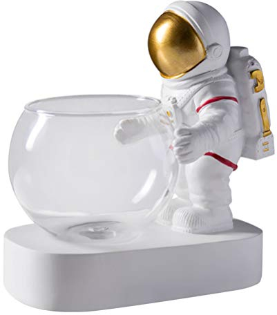 SOLUSTRE Glasvase Modern Astronaut Figur Kugelvase Glas Hydrokultur Vase LED Nachtlicht Blumenvase Blumentopf Schreibtischlampe Aquarium Dekofigur Wohnzimmer Tischdeko Büro Deko Objekt