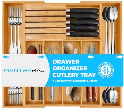 MantraRaj Cutlery Drawer Organiser - Expandable Bamboo Utensil Organiser for Silverware, Flatware, Knives, Natural Wood Cutlery Tray & Knife Holder Kitchen Drawer Divider Organisation- 56x44x4.5cm