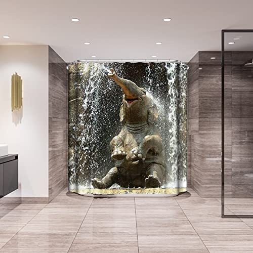 Beddinginn Duschvorhang mit Elefanten-Wasserfall-Stoff, strapazierfähig, wasserdicht, modern, für Badezimmer-Dekoration, mit 12 Haken (Elefant, 183 x 198 cm)