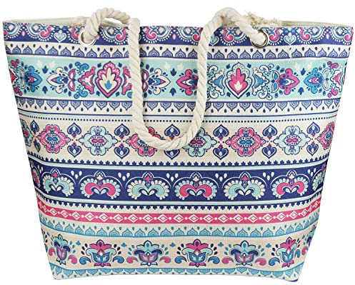 FUREINSTORE Bolsa de Playa Grande para Mujer, Bolso Hombro Mujer Playero Viajes, Compras con Cremallera Asas y Cuerda, Transpirable Lavable (940 Azul)