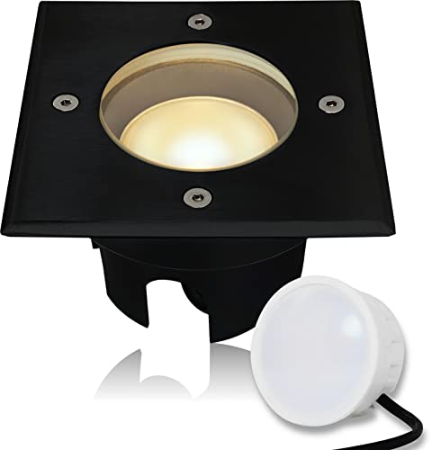 LEDFULL® LED Bodeneinbaustrahler flach für Aussen in Schwarz - IP67 Wasserdicht & Befahrbar inkl. 5W 230V Modul dimmbar Warmweiß/Eckiger Garten Bodenstrahler
