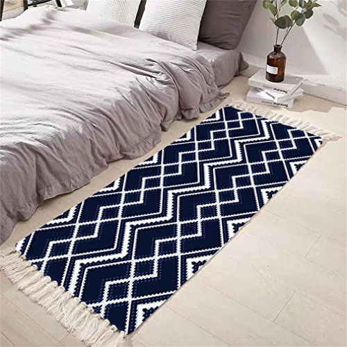 Tomifine Flachgewebe Teppich mit Quasten, Geometrischem Rautenmuster Vintage Teppich Baumwolle Waschbar Fußmatte (60x120 cm,Weiß Blau)