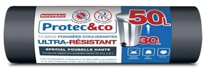 PROTEC&CO Sac Poubelle Spécial Poubelle Haute 30-50L Le Seul 4 en 1 Du Marché : Ultra Résistant Anti Bactérien Anti Odeurs Poignées Coulissantes Rouleau de 10 sacs
