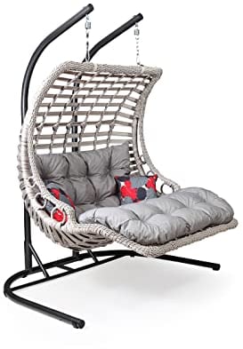 Alveon Hängesessel mit Gestell & Kissen Handgeflechtet Hängestuhl Rattan Hängematte Hängekorb Garten Balkonmöbel Hängeschaukel Bodrum Double(Weiß)