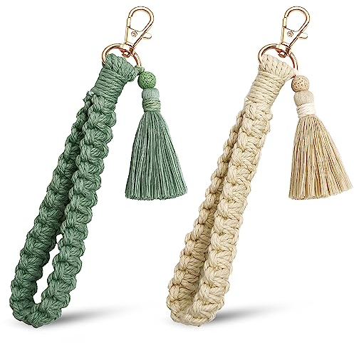Fyihoxi 2 Stück Makramee Schlüsselanhänger Boho Geflochtener Schlüsselanhänger Schlüsselanhänger handgefertigt Armband Schlüsselanhänger Handgelenk Lanyard Quaste für schlüsselanhänger