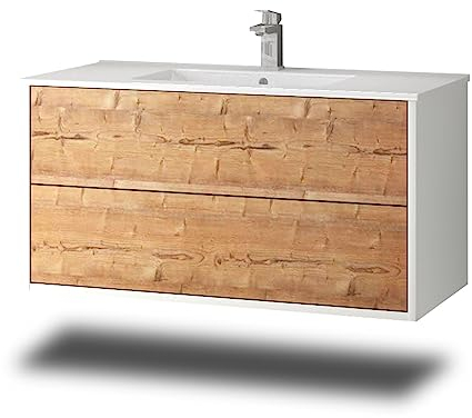 Stil.Zeit Evelia Badmöbel inkl. Waschbecken | Waschtisch mit Unterschrank 100.5 cm | Weiß/Dekor Silberfichte| Push-to-Open/hängend