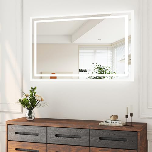 Boromal LED Badspiegel mit Beleuchtung und Uhr 100x60cm Badezimmerspiegel Badezimmer Spiegel 3 Lichtfarbe Dimmbar 3000-6500K 3410LM Wandspiegel Lichtspiegel LED Spiegel mit Uhr + Touch Schalter