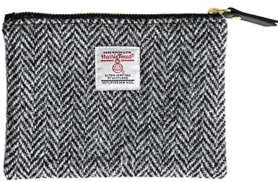Harris Tweed Münzbörse, handgefertigt, Lippenstift-Tasche, Vintage-Stil, britische tragbare Kreditkarten-Ausweis-Geldbörse mit YKK-Reißverschluss für Damen und Herren, GRAU, Medium, Kunstkariert