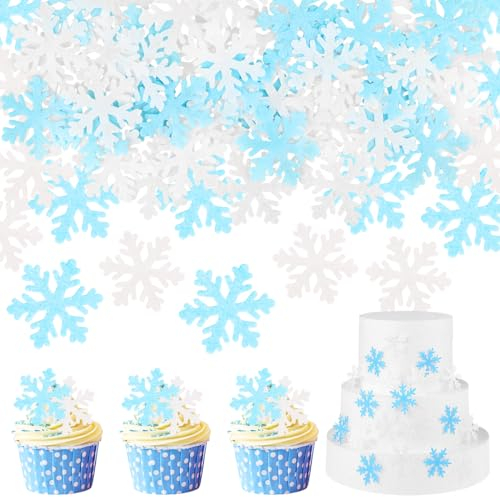 50 Stück Essbare Schneeflocken Tortendeko, Frozen Kuchen Deko, Essbare Kuchen Topper Schneeflocke Cupcake Toppers, Muffin Deko Torte für Geburtstag, Hochzeit, Weihnachten (Blua + Weiße)