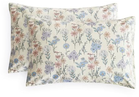 Wake In Cloud - Floral Pillow Cases, Cute Colorful Flower Shabby Chic Coquette Cottagecore Botanical Flower, Set of 2 Soft Pillowcases Pillow Shams Covers, Ivory Blue, Standard Size 20x26 Inches