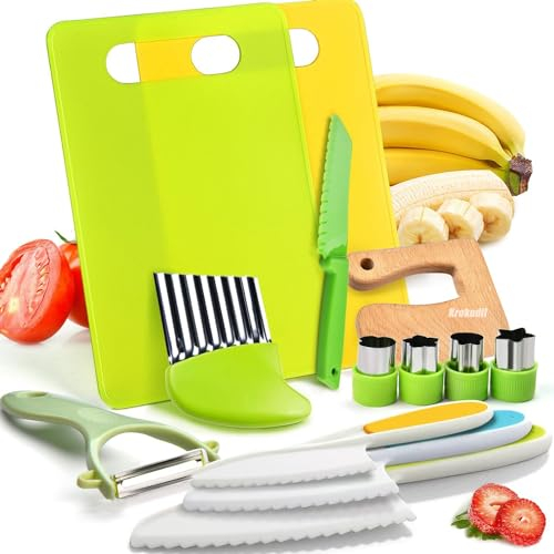 Owyee Lot de 13 couteaux de cuisine en bois pour enfants - en plastique sans danger pour les tout-petits - Planche à découper-Éplucheur
