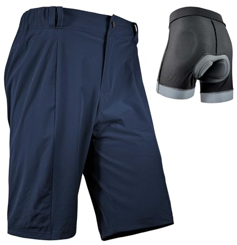 Wulibike Radhose Herren MTB Hose Kurz Fahrradhose Gepolstert 2 in 1 Mountainbike Shorts für Männer mit Polsterung Fahrrad Radfahrhose Reißverschlusstaschen Navy Blau L