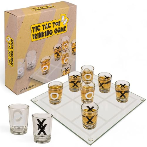 MIJOMA Trinkspiel Tic Tac Toe - Lustiges Party-Spiel mit 9 Shot-Gläsern, Glas-Spielbrett in 2 Größen, Kreis & Kreuz Designs, Spaßgarant für Freunde & Familie (22x22 cm)