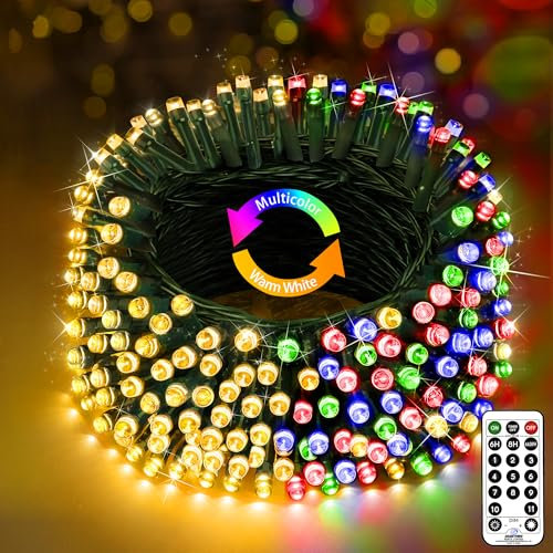 XURISEN Outdoor Fairy Light, 50M 500 LED Christmas Lights Plug in Color Changing Green Wire String Lights with 11 Modes Remote Control for Outside Indoor Xmas Decorations- Warm White & Multicolor