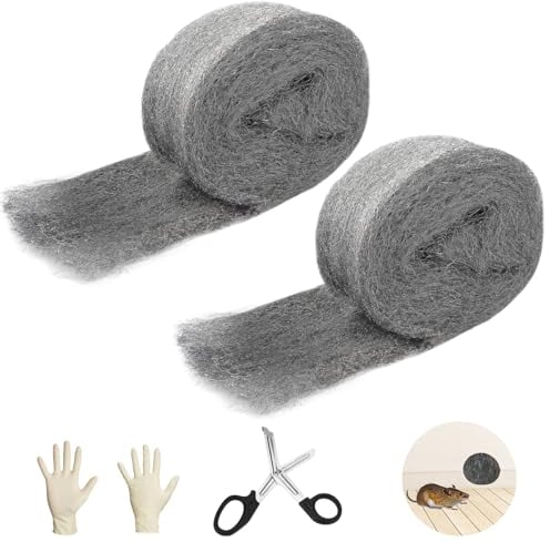 Ziamzra 2 Rouleaux Paille de Fer 7M Laine d'acier Rouleau Paille de Fer Nettoyage Polissage Laine d'acier Anti Rongeur avec Ciseaux Gants Laine de Verre pour Trous Fissures Nettoyage Murs Polissage