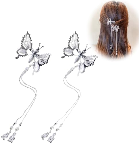 2 Stück Schmetterling Haarspange Beweglich Glitzer 3D Schnappen Haarspangen Metall Alligator Clips Snap Haarnadel für Mädchen Damen Haarschmuck （Silber)