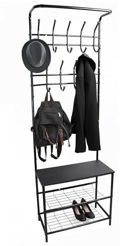 DIVCHI Coat Rack Stand With 9 Hooks Shoe Shelf & Hanging Clothes Rail Free Standing Metal Hall Tree Racks for Bedroom Hallway Entryway & Small Space (Black)