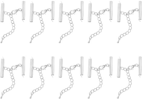 sourcing map 10Sets Slide on End Clasps with Lobster Claw Clasps & Extension Chain, 25mm Tube Slider Crimp Cord Ends for DIY Craft Making, Silver Tone