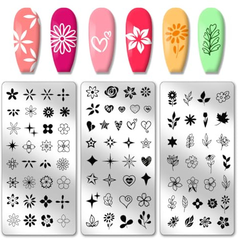 PH PandaHall 3pcs Blume Nagelstampfer, Blätter Herz Nagel Stamping Platte Stern Nagel Kunst Schablonen Druck Nagelschablonen Edelstahl Nagel Bild Platten für Nail Art Design