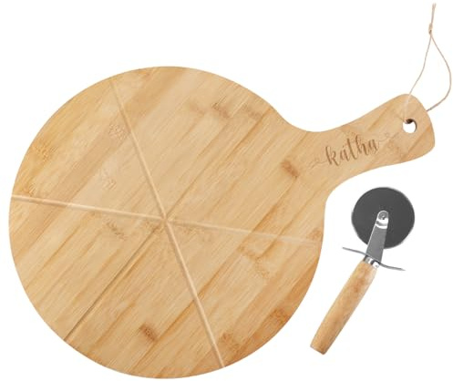 Herz & Heim Personalisiertes Pizzabrett mit Pizzaschneider (Name)