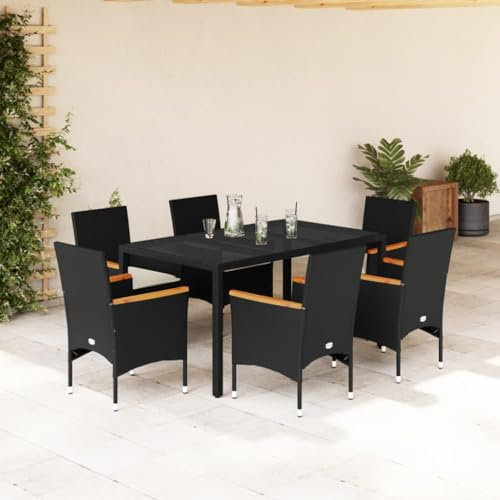 Tidyard 7-TLG.Garten Essgruppe mit Kissen,Gartenmöbel Set 6 Personen Sitzgruppe Outdoor Gartenlounge Set,Terassenmöbel Tisch Mit Tischplatte aus Glas & 6 Stühle,Loungemöbel Gartengarnitur Poly Rattan