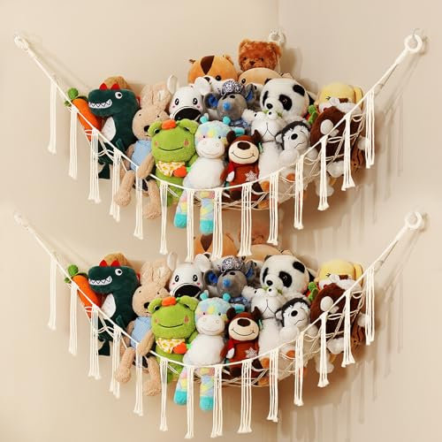 iKeelo 2er-Pack Kuscheltier Aufbewahrung Netz, Makramee Stofftier Hängematte, Ecke Kinderzimmer Hängend Spielzeug Organizer für Plüschtiere und Teddybären