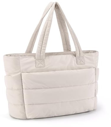bagsmart Damen Handtasche Tote Bag Daunentasche, 20L Einkaufstasche mit Schultergurt, Leichte Umhängetasche für Arbeit Reise Shopping Schule, Beige