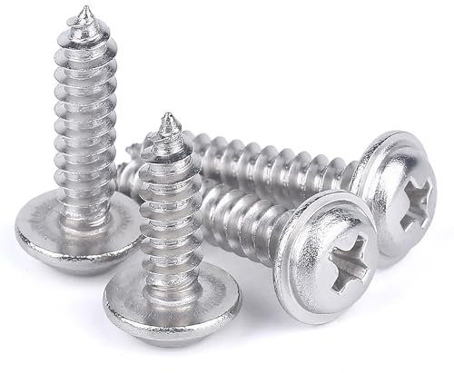100 Pcs Flange Self Tapping Screws 304 Stainless Steel Screws Phillips Pan Head Self-tapping Screw with Washer Flange Phillips Wood Screws for Plastic Wood Furniture and Drywall