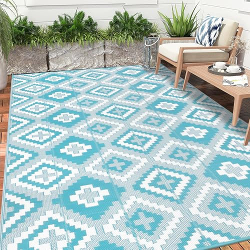 Enyhom Extra Large Outdoor Rug 240x300cm, Garden Mats Outdoor Waterproof Durable Lightweight Plastic Garden Rug UV Resistant Patio Carpet Mat for Camping Picnic Beach BBQ Deck Balcony,Turquoise