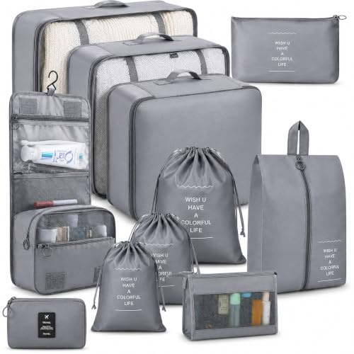 SaiXuan 12-teiliges Koffer Organizer Set, Kleidertaschen, Verpackungswürfel mit Kosmetiktasche, Schuhbeutel, Packing Cubes Set, Kofferorganizer, Packtaschen Set für Urlaub und Reisen (Grau)