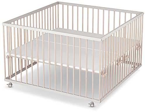 Sämann Laufstall Baby mit Matratze Cloud Air | TÜV geprüft | stufenlos höhenverstellbar | Laufgitter Premium | Babybett aus Holz | Krabbelgitter (weiß/natur, 120x120 cm)
