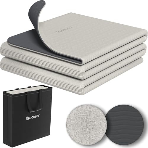 Faltbare Yogamatte für unterwegs, zweifarbige Yogamatte, 6 mm dick, mit Tragetasche, rutschfeste TPE-Übungs-Pilatesmatte für 183CM L x 61CM B (Grau + Schwarz)