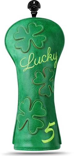Golf Club Head covers Fairway Wood FW5 with Interchangeable Number Tag 3457X Elastic Closure Green PU Leather Clover