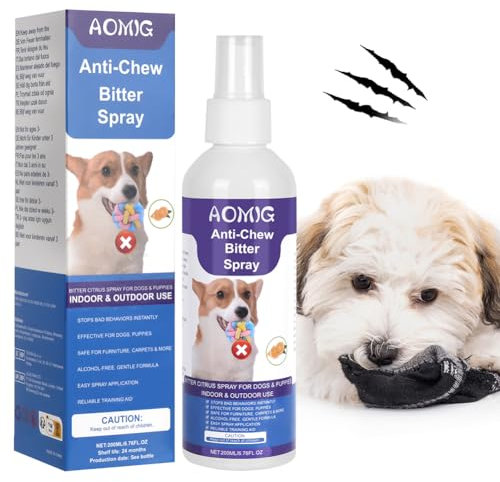 Aomig Anti Chew Spray for Dogs, Bitter Apple Dog Spray, No Chew Spray for Dogs, Behavior Training Aid, Dog Repellent Spray to Stop Chewing Licking of Furniture for Indoor & Outdoor Use, 200ml